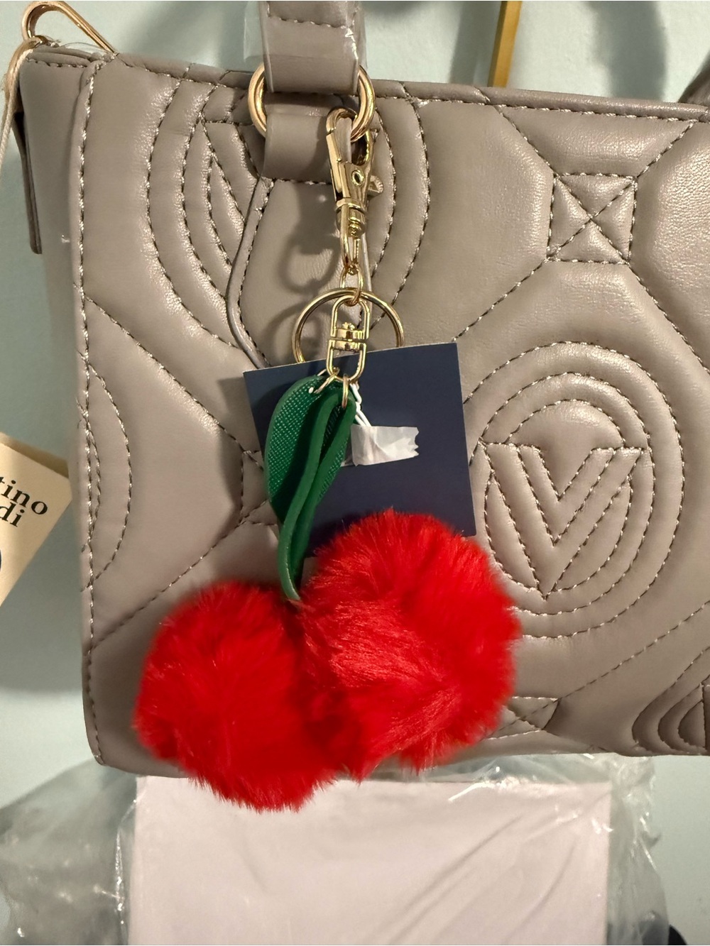 Valentino Orlandi light grey Quilted Satchel with FREE Red Pom Cherry Charm! NWT - Picture 2 of 11